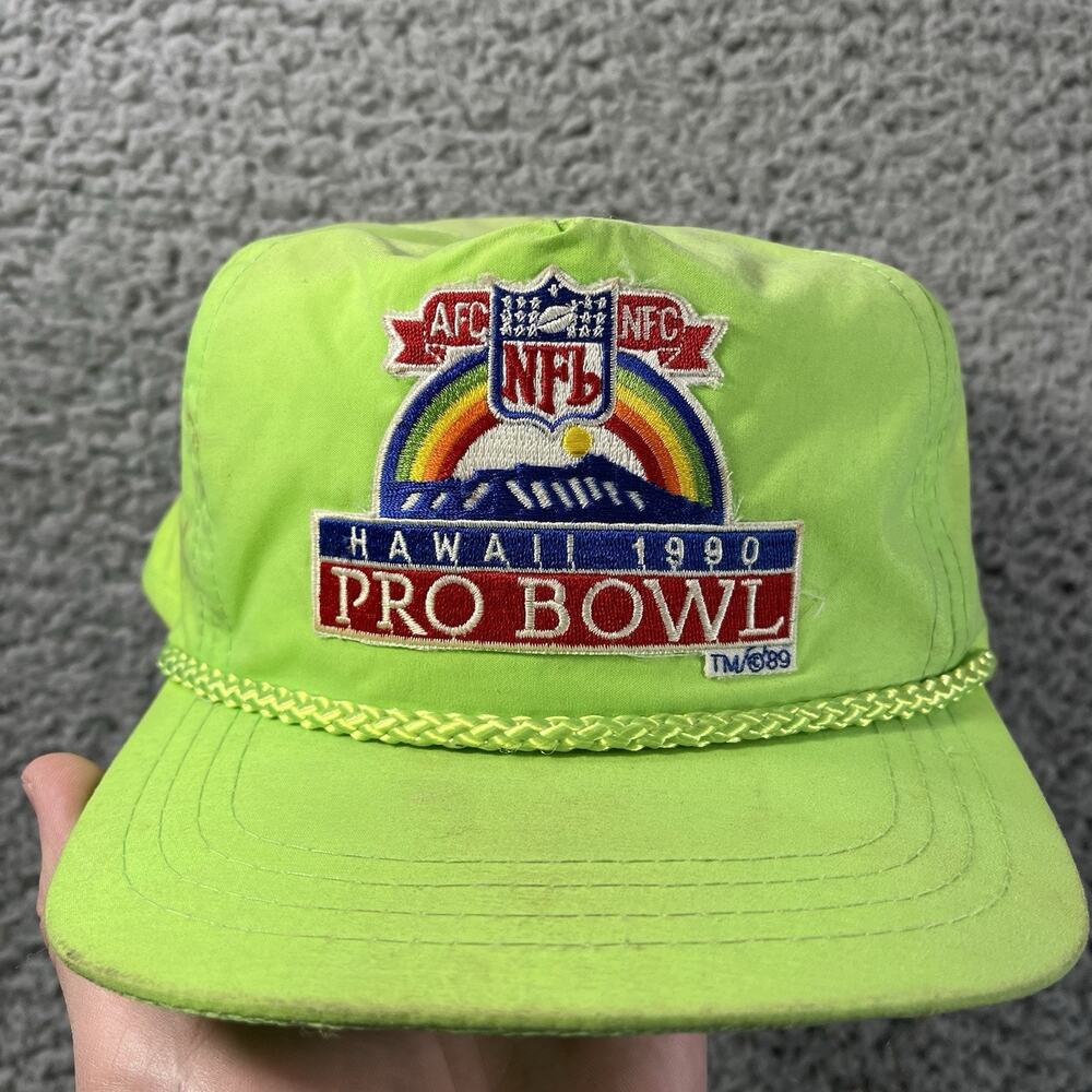Vintage 1990 NFL Pro Bowl Hawaii Neon Green Nylon Strapback Hat Cap Rare